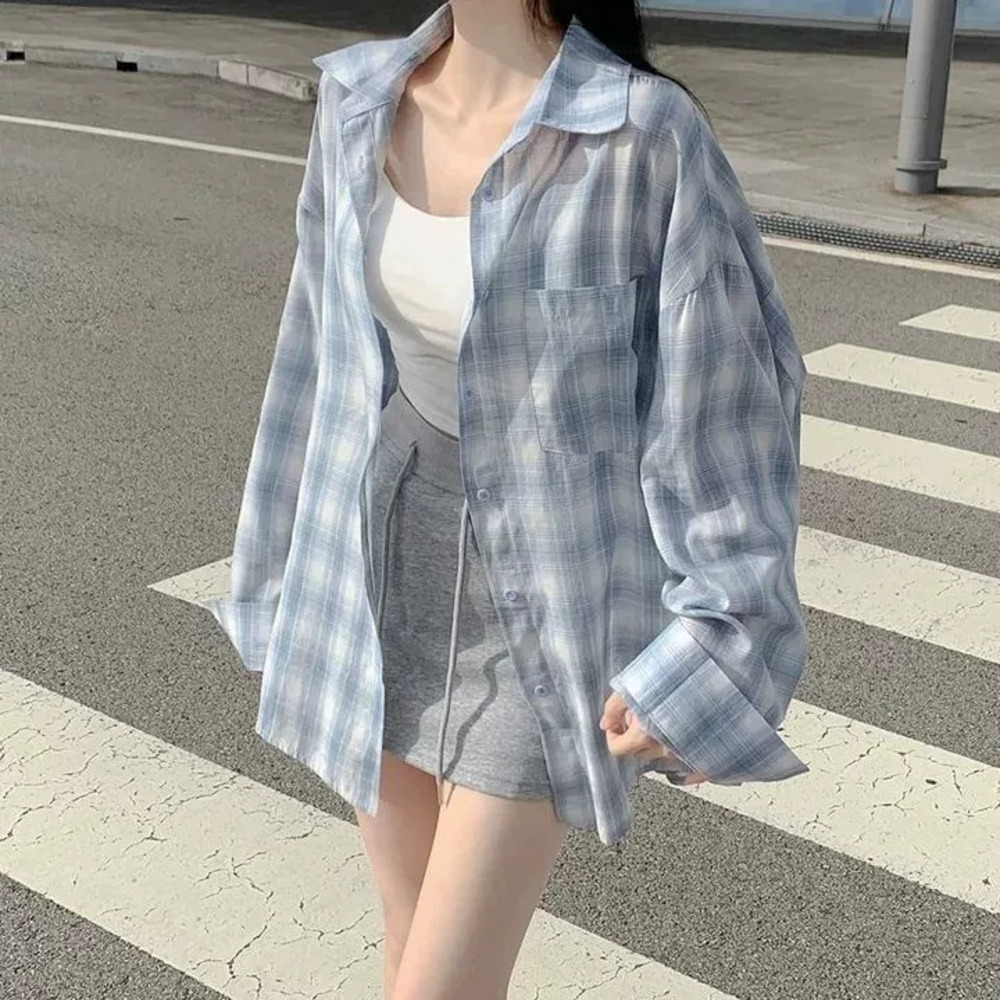 Zara Blue Plaid Sun Protection Oversized Long Sleeve Shirt